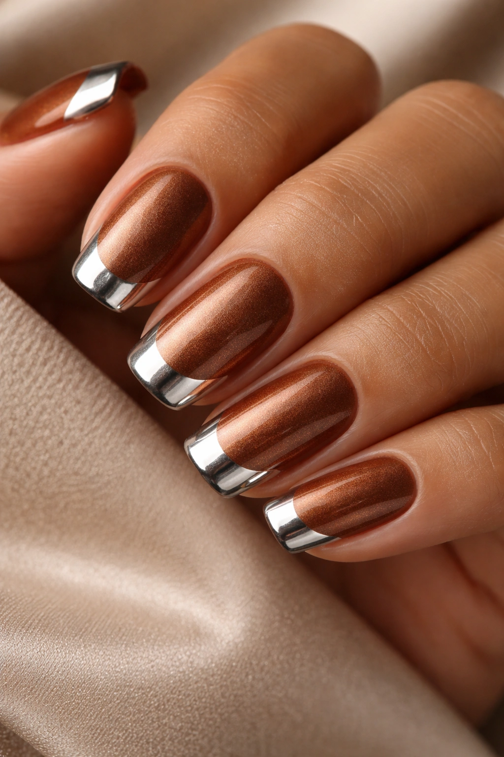 Close-up of warm bronze nails with metallic tips