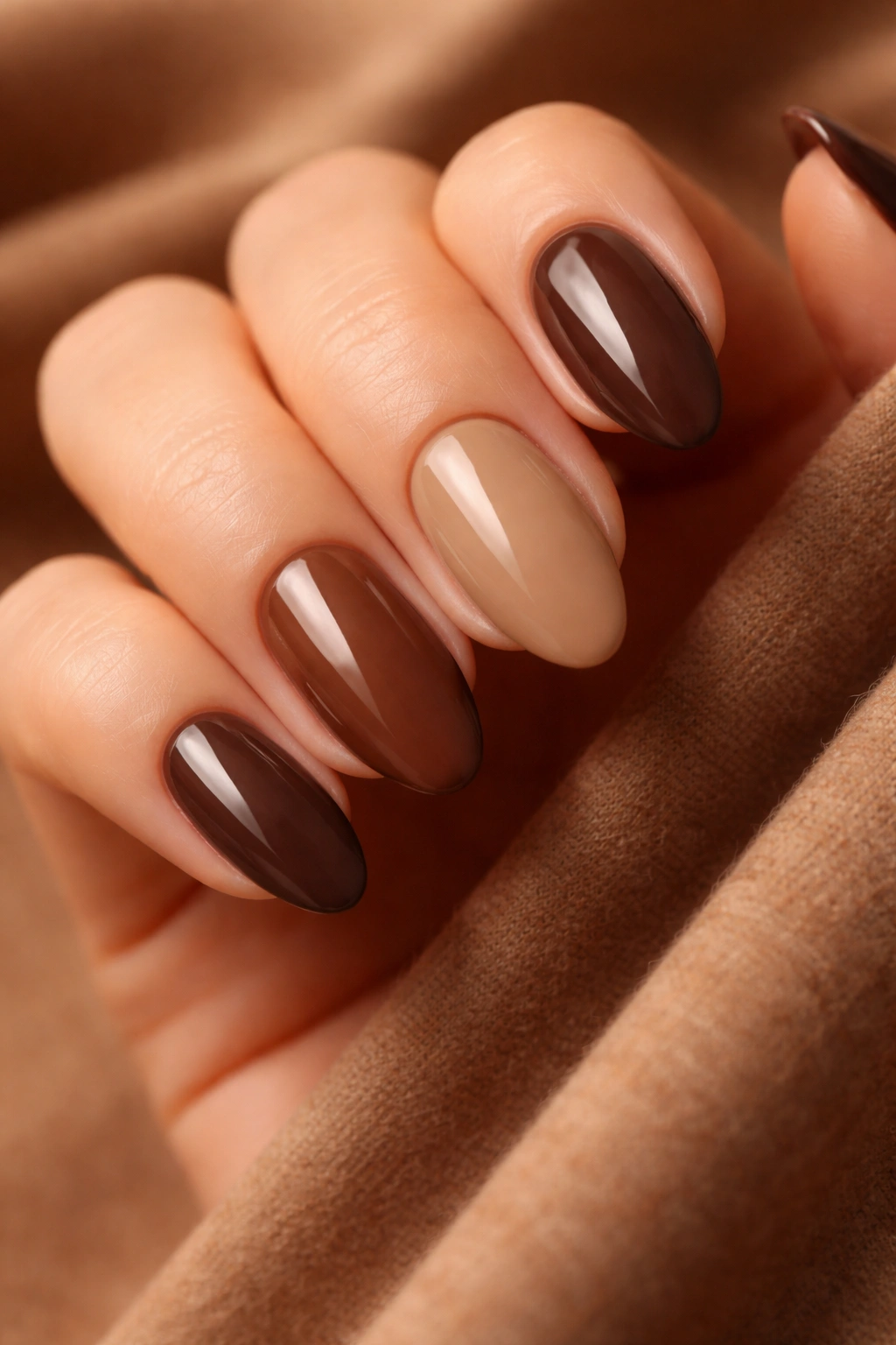 Close-up of warm brown nails in chocolate taupe caramel