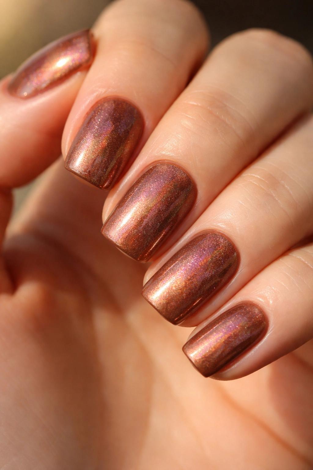 Close-up of warm brown nails with mother-of-pearl shimmer