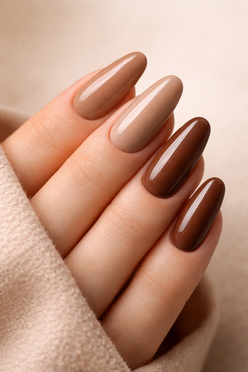 Hand with warm brown nail shades in a neutral setting