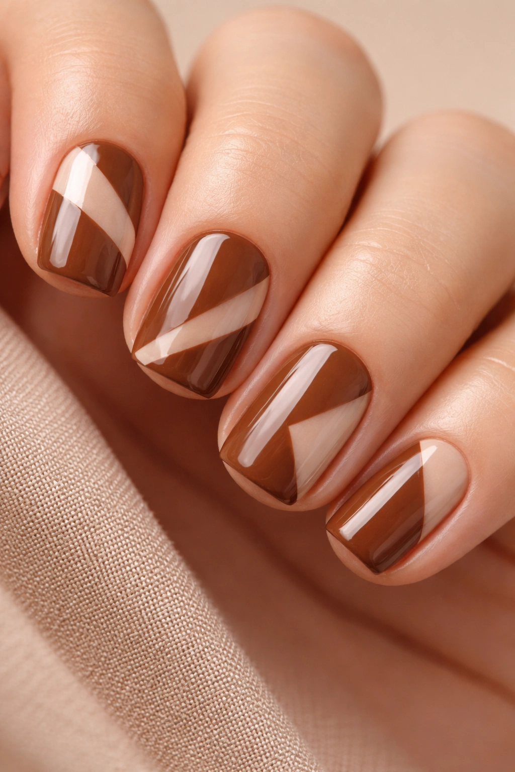 Close-up of warm brown nails featuring negative-space geometric shapes