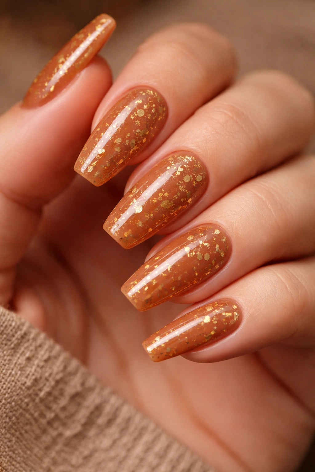 Close-up of medium coffin nails with warm caramel and gold flecks