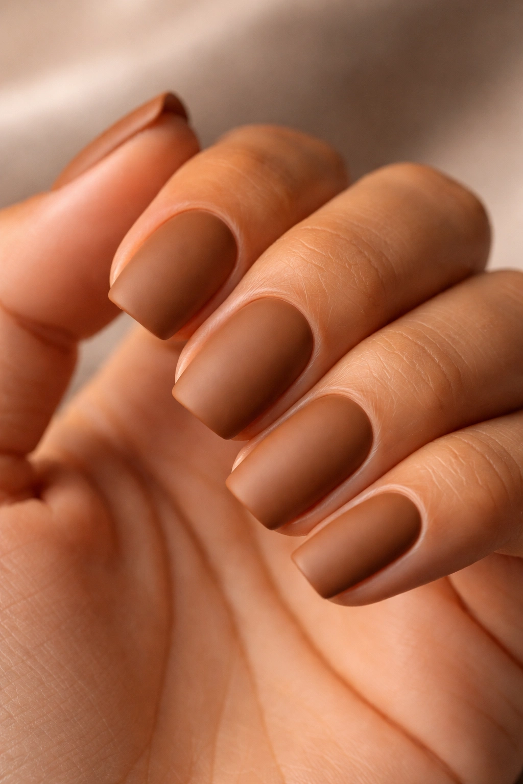 Close-up of warm caramel matte nails squoval