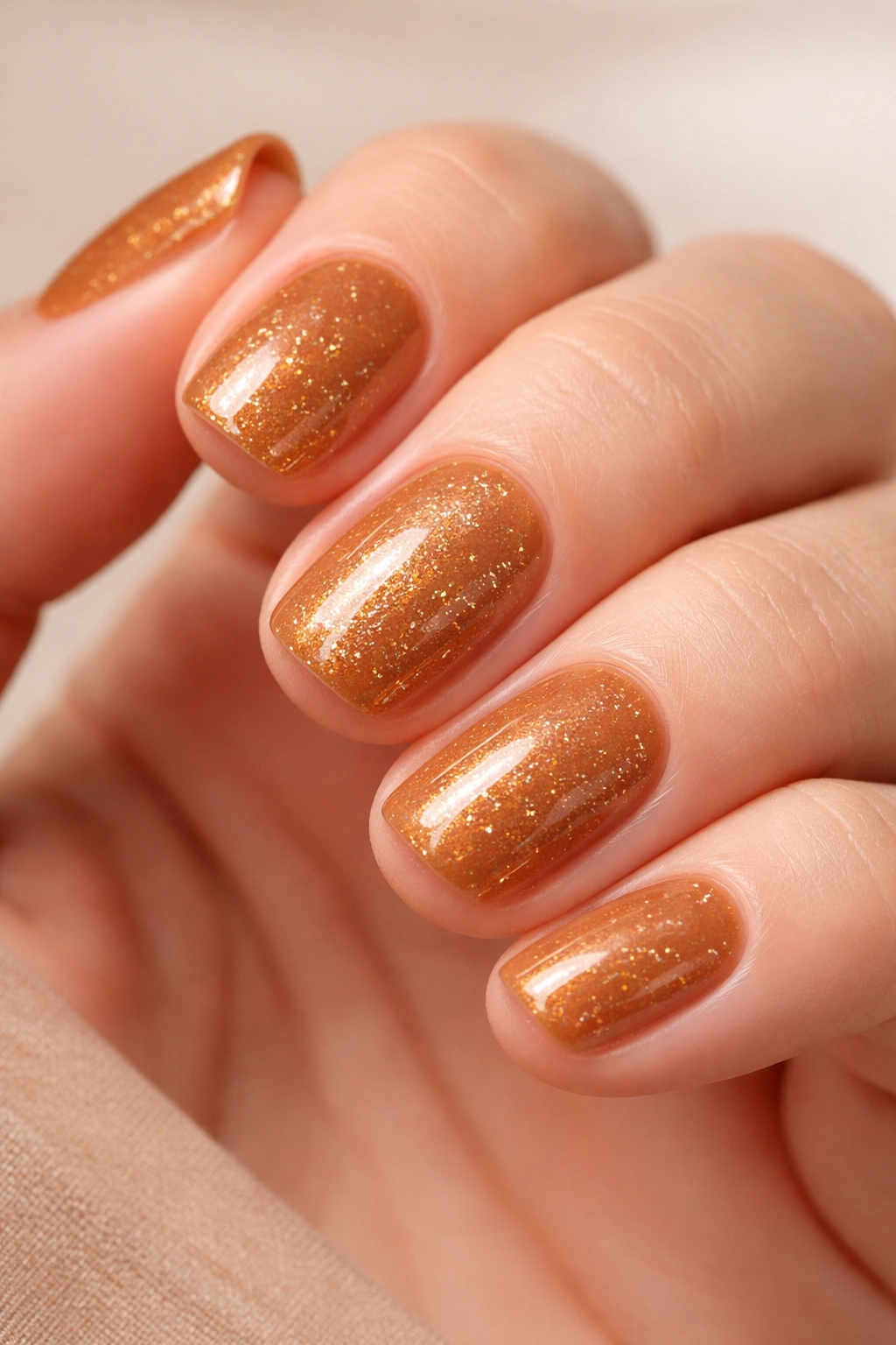 Close-up of warm caramel nails with embedded metallic flecks