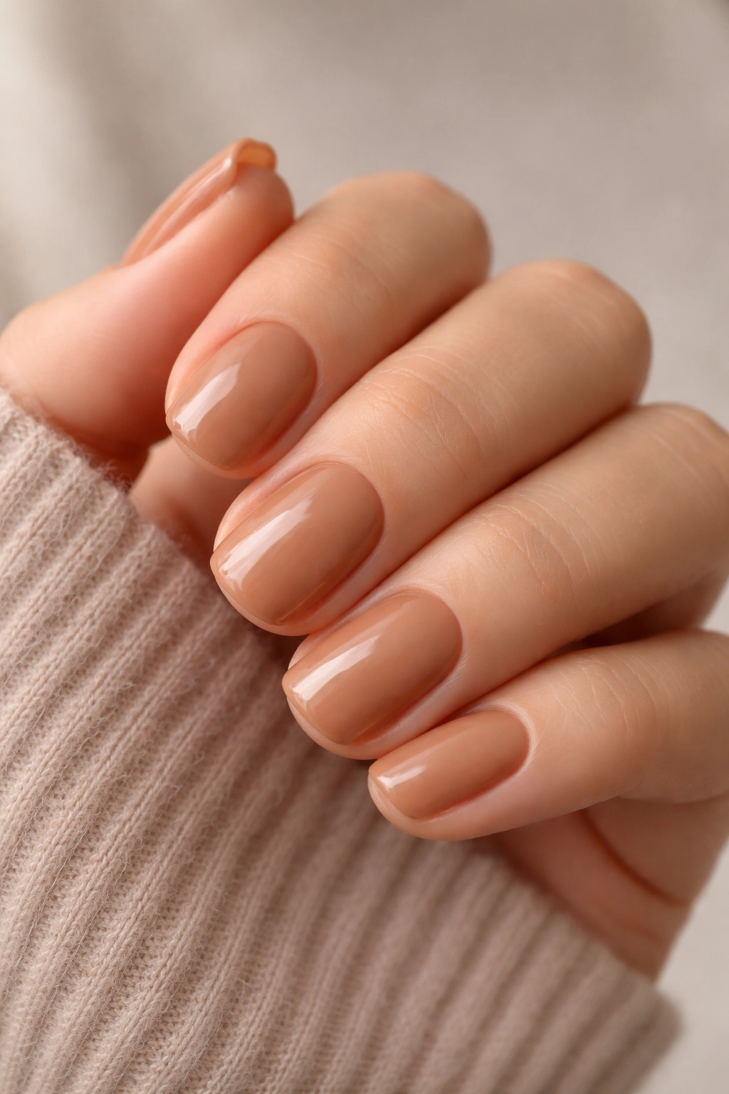 Close-up of short squoval nails in warm caramel nude shade on a hand