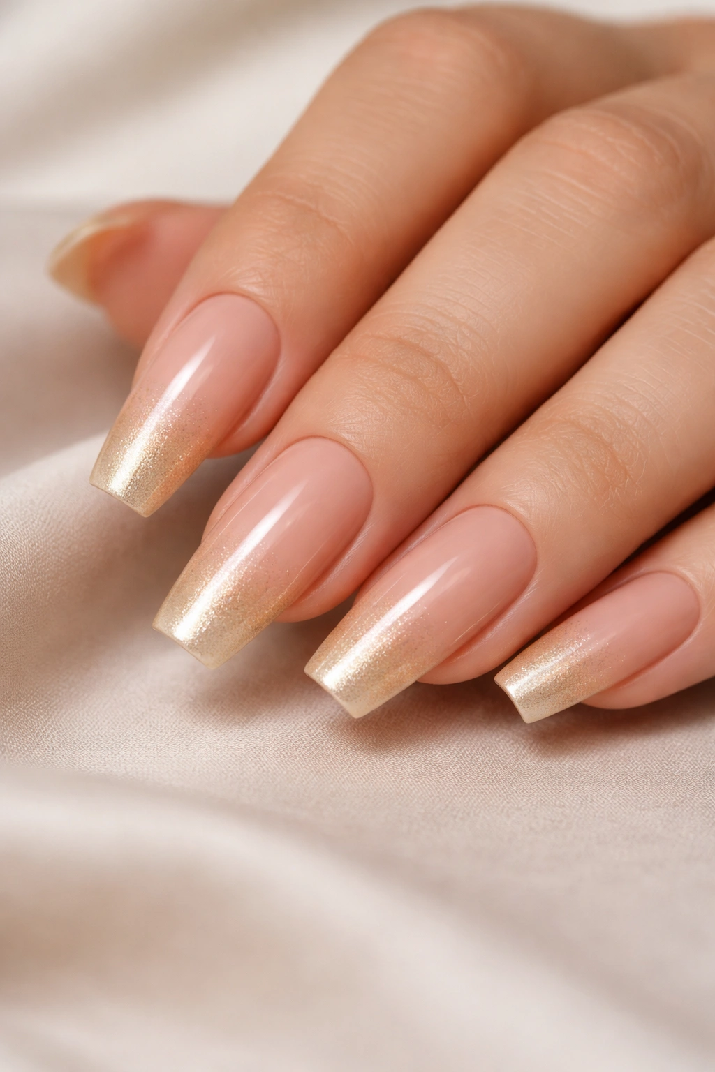 Close-up of medium coffin nails with nude to warm champagne ombre