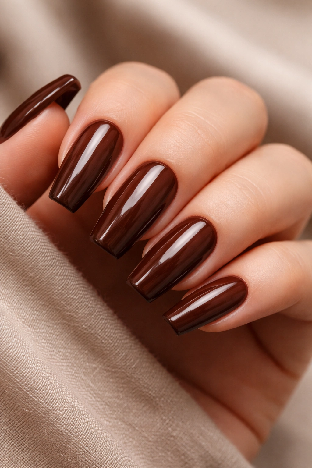 Close-up of medium coffin nails painted warm chocolate brown with glossy finish