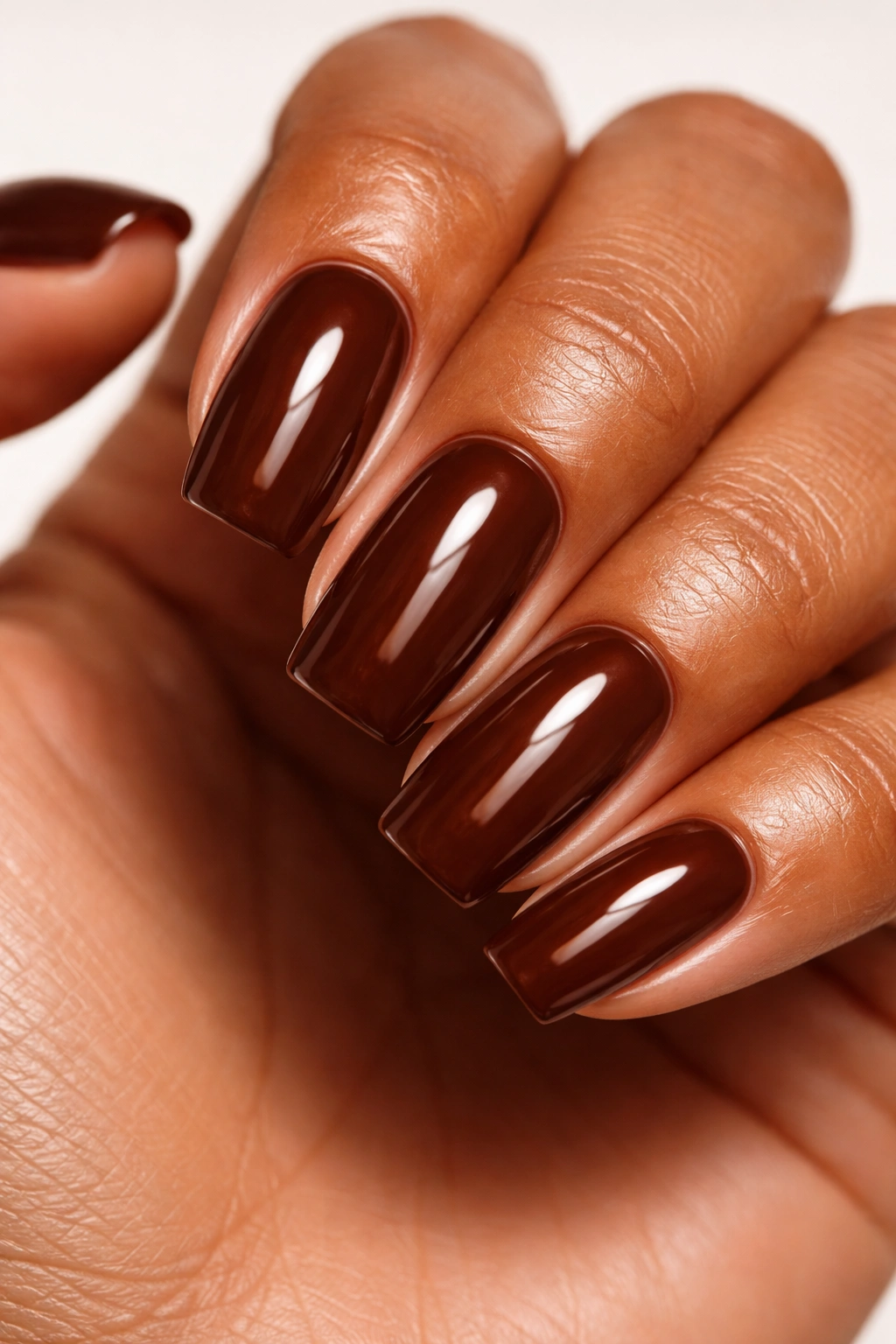 Close-up nails in warm chocolate brown with glossy shine