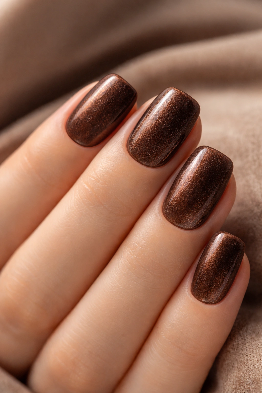 Close-up warm chocolate brown velvet nails in simple finish