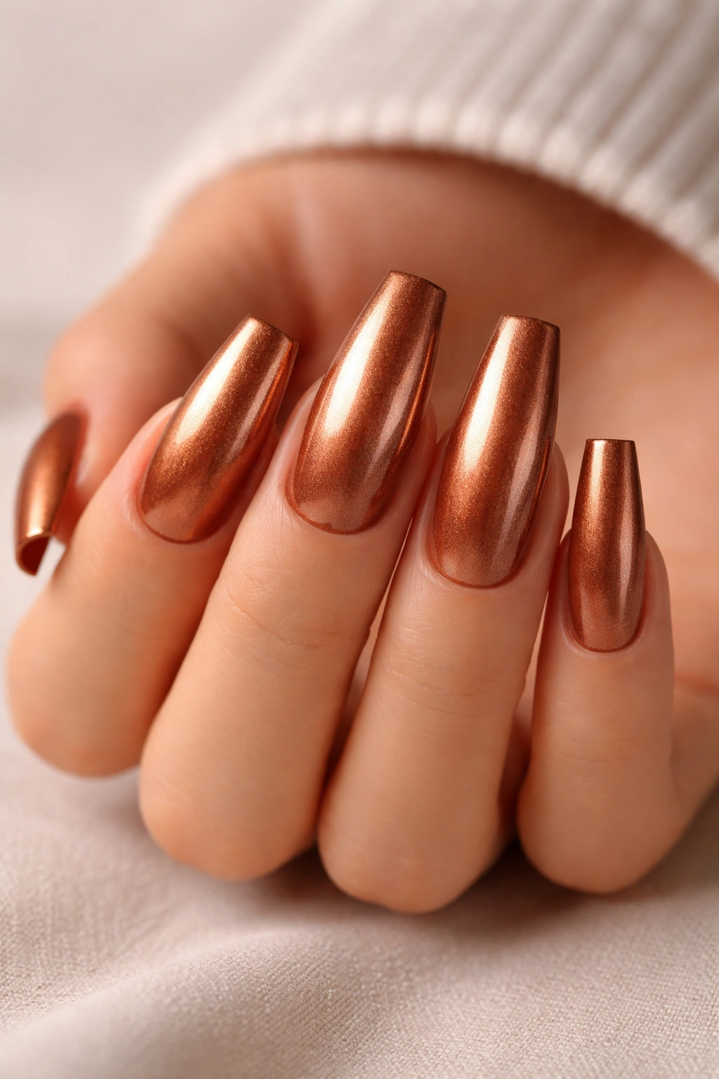 Close-up of medium coffin nails in warm copper metallic with shimmer