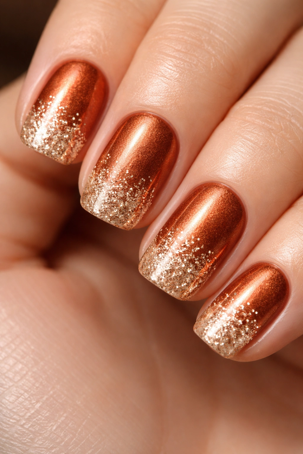 Close-up of short squoval nails with copper base and glitter tip fade