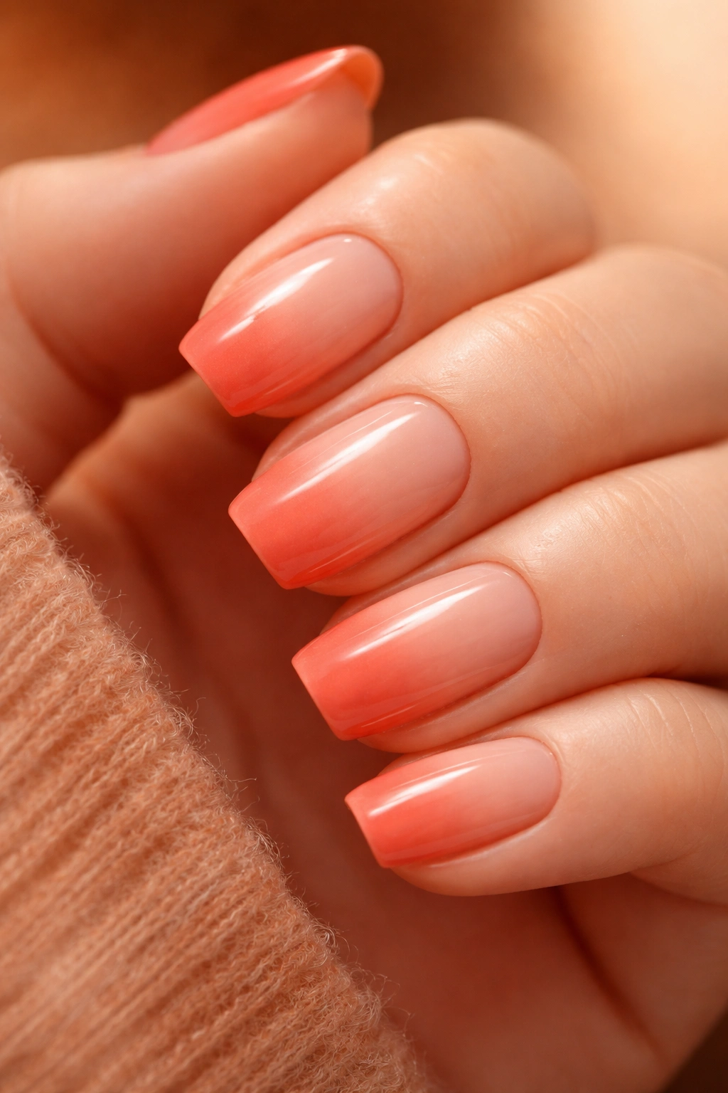 Warm coral gradient on short squoval nails from nude-coral to coral-peach