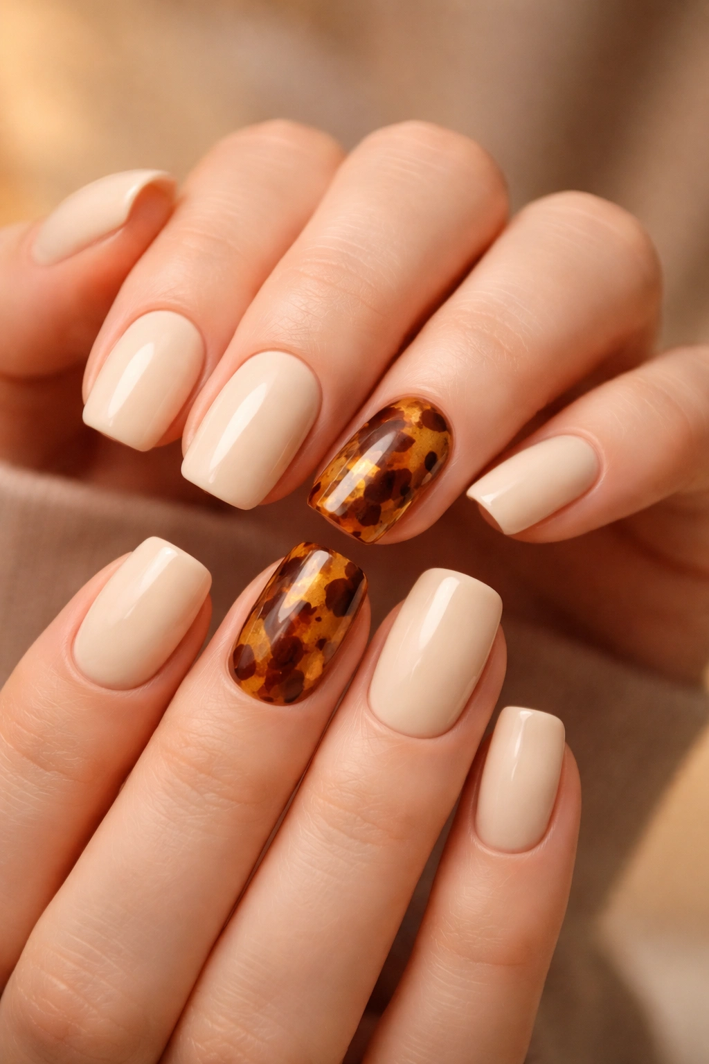 Close-up of nails with warm cream base and tortoiseshell accent nails