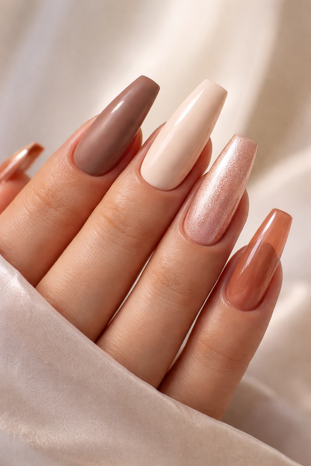 Hand with coffin nails showing varied finishes: matte, creamy gloss, shimmer, and jelly