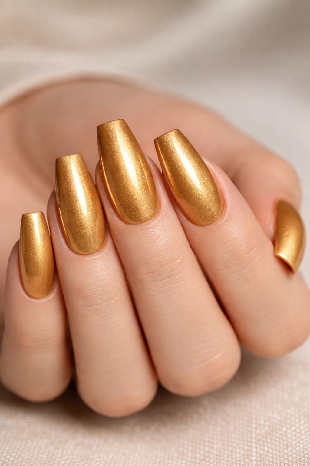 Close-up of medium coffin nails in warm gold with a glossy finish