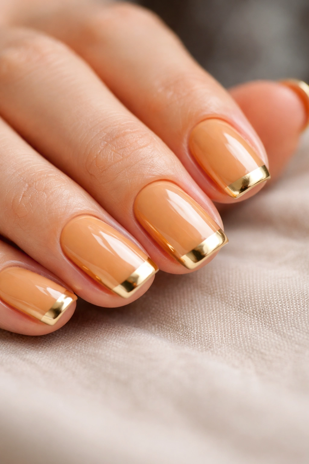 Close-up of warm honey nails with metallic gold tips