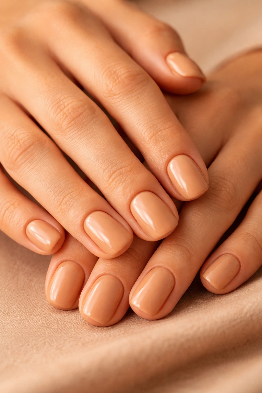 Close-up of hands with warm honey squoval nails on a neutral background