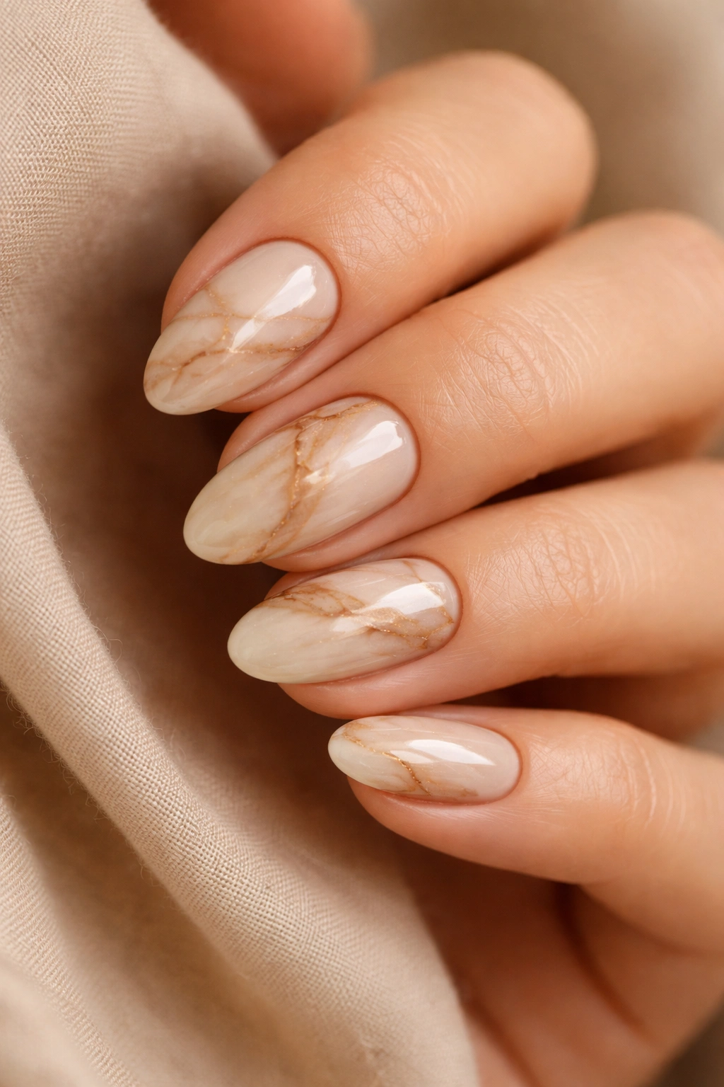 Close-up of short almond nails with warm ivory and soft brown marble