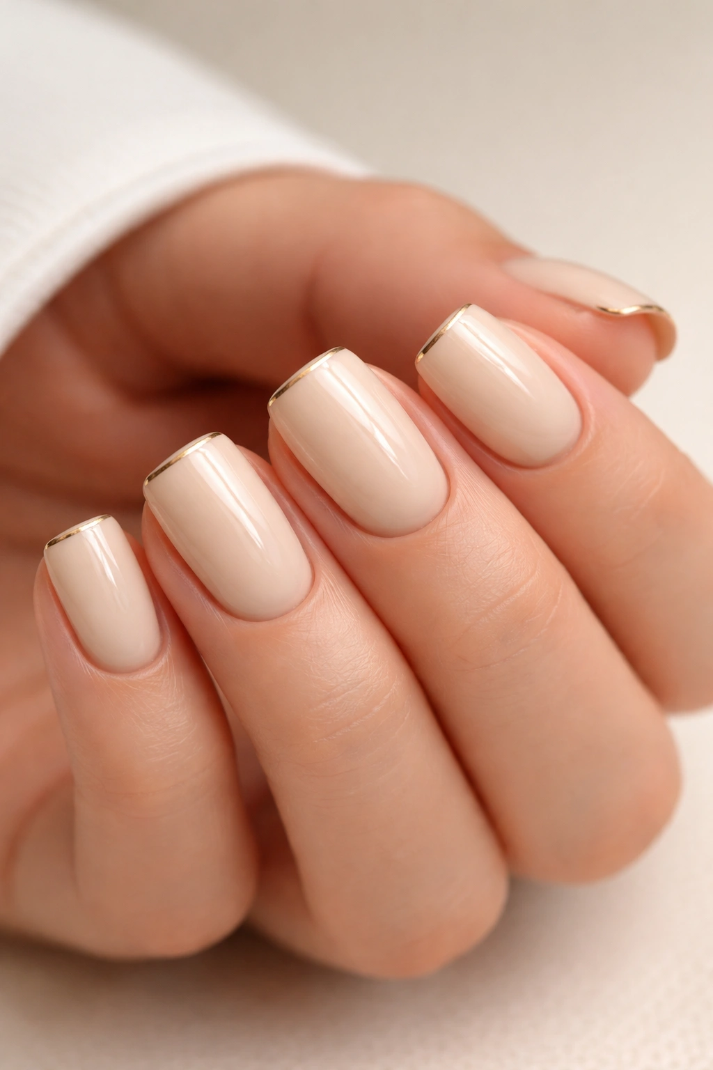 Close-up of warm ivory nails with a delicate metallic line along the edge