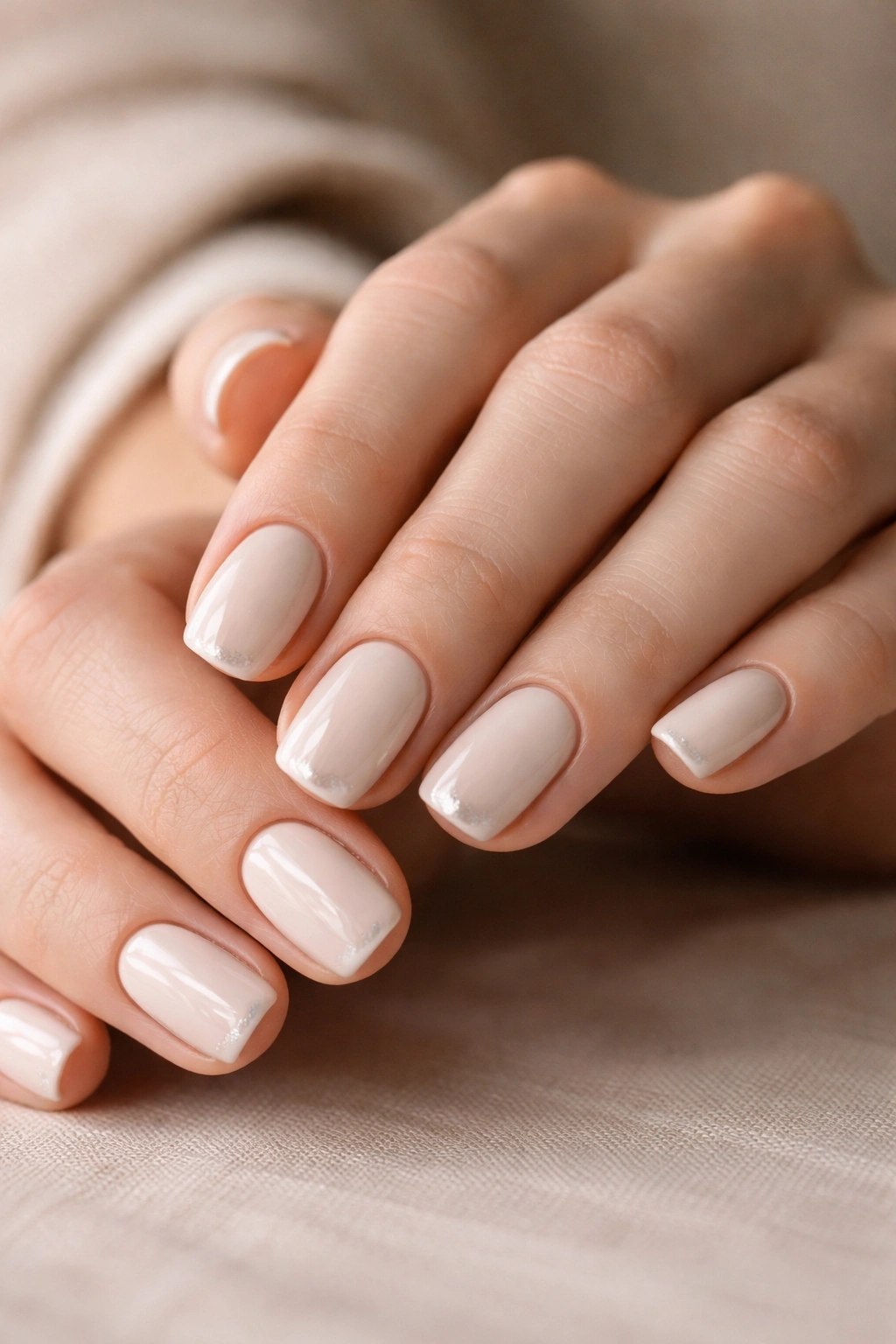 Close-up of short squoval nails in warm ivory with a minimal chrome accent