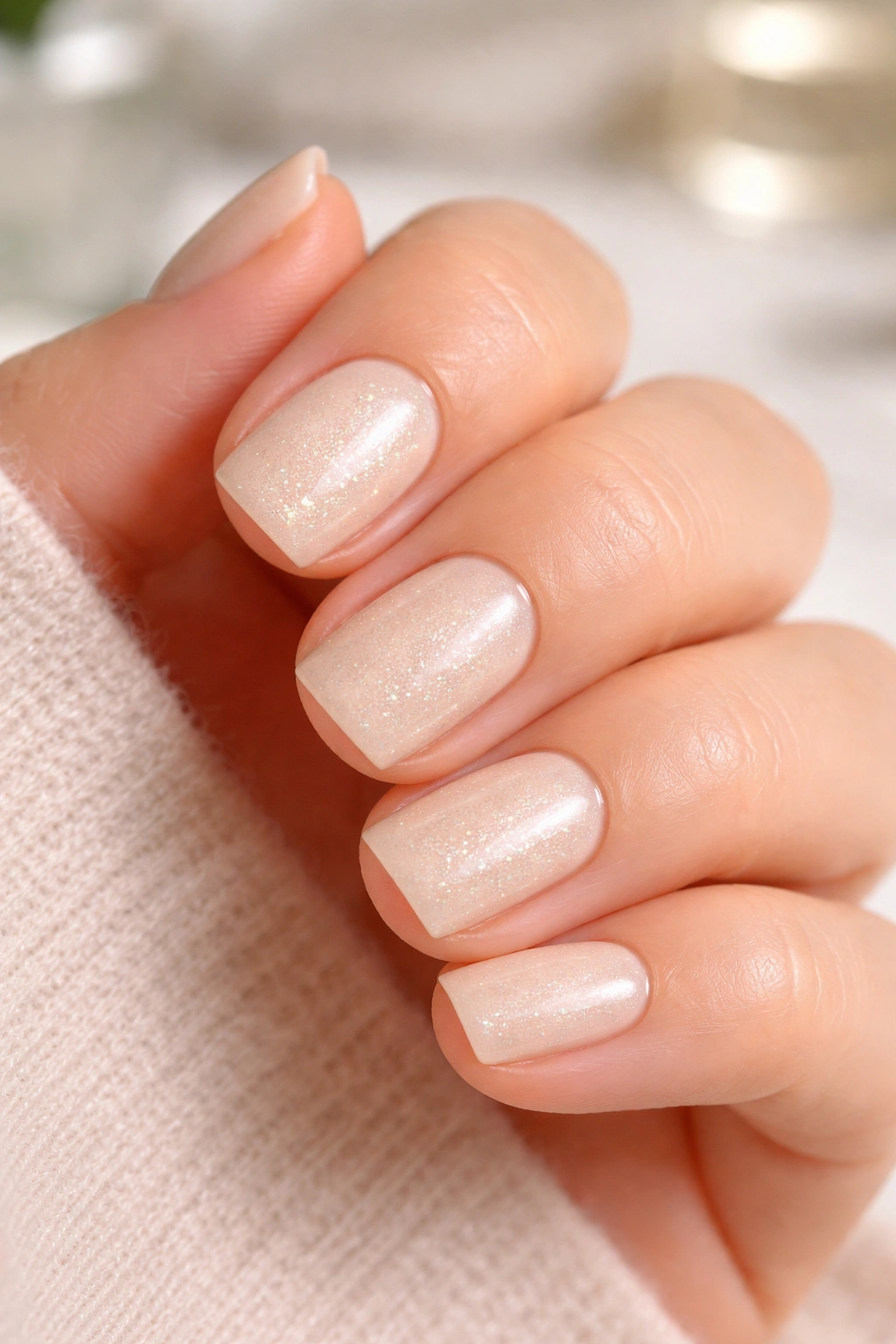 Close-up of short nails in warm ivory with micro metallic specks and subtle glow