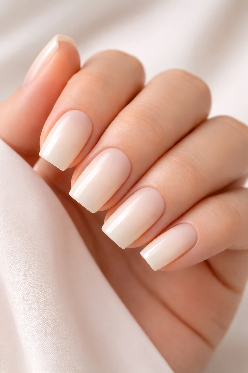 Close-up of warm ivory nails with subtle nude ombre