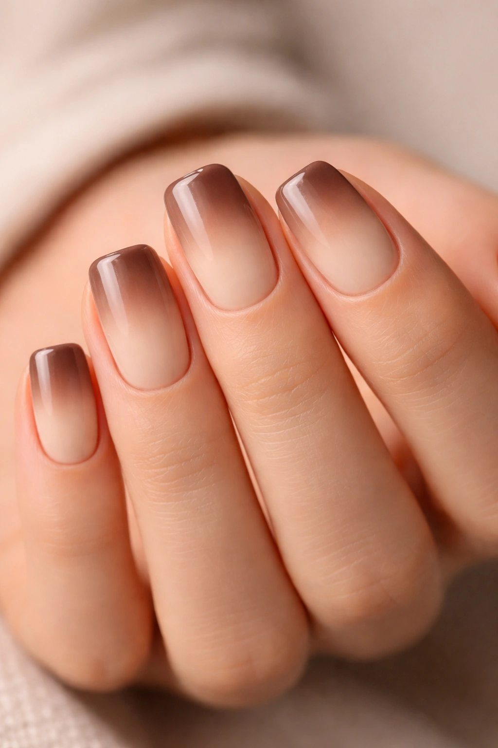 Close-up of warm ivory squoval nails with soft brown ombre tips on a neutral background