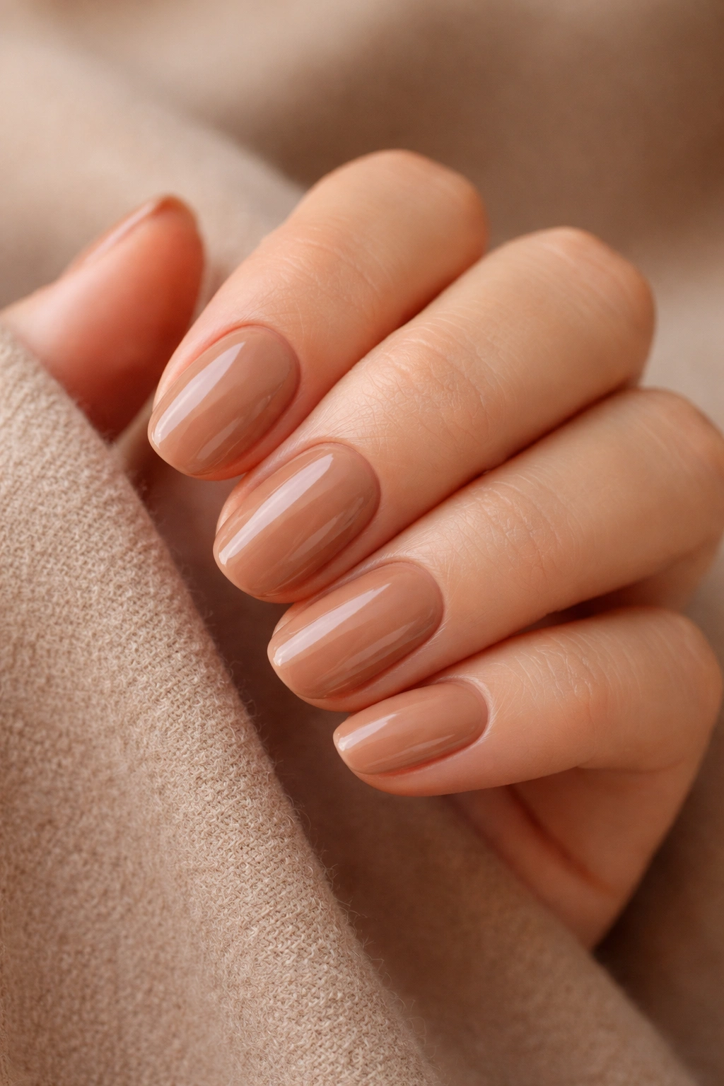 Close-up of short oval nails in warm latte nude with caramel undertones