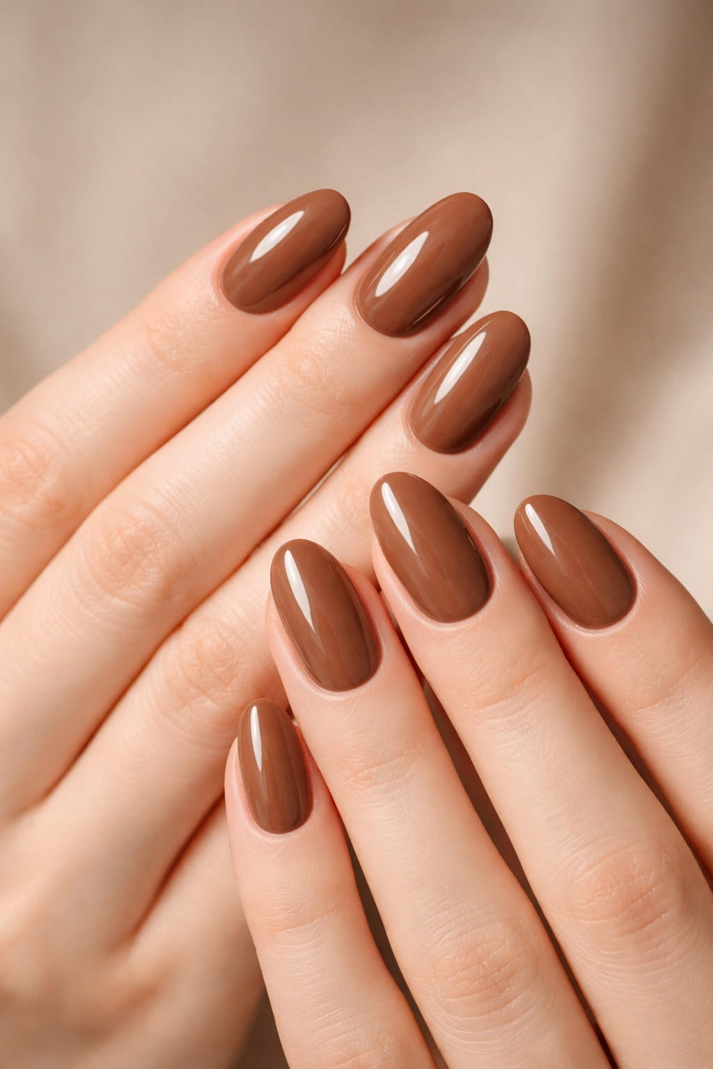 Close-up of nails painted warm mocha brown on pale skin