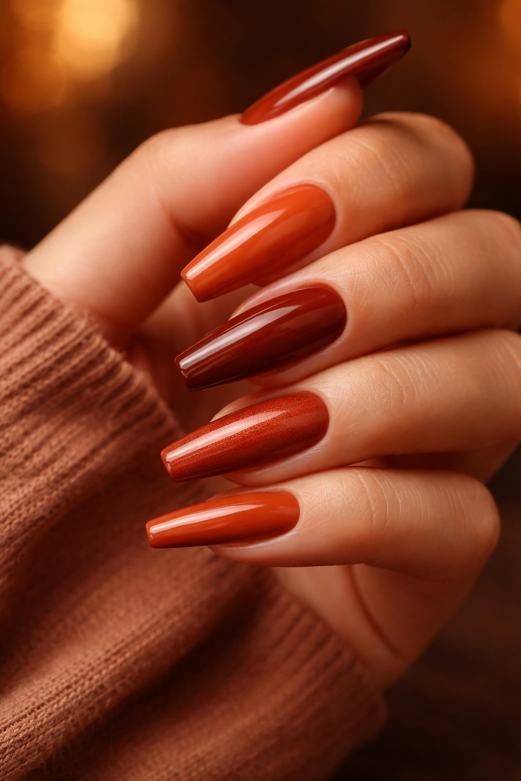 Close-up of long coffin nails in terracotta and mahogany tones