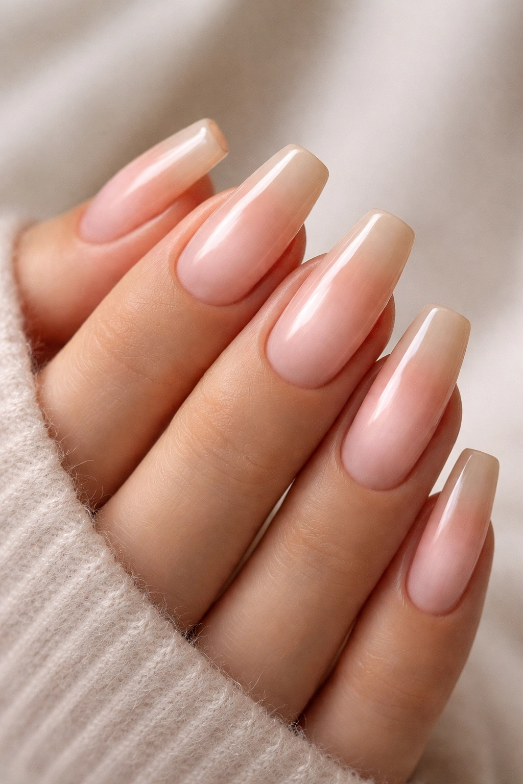Nude ballerina nails with warm base and soft center glow