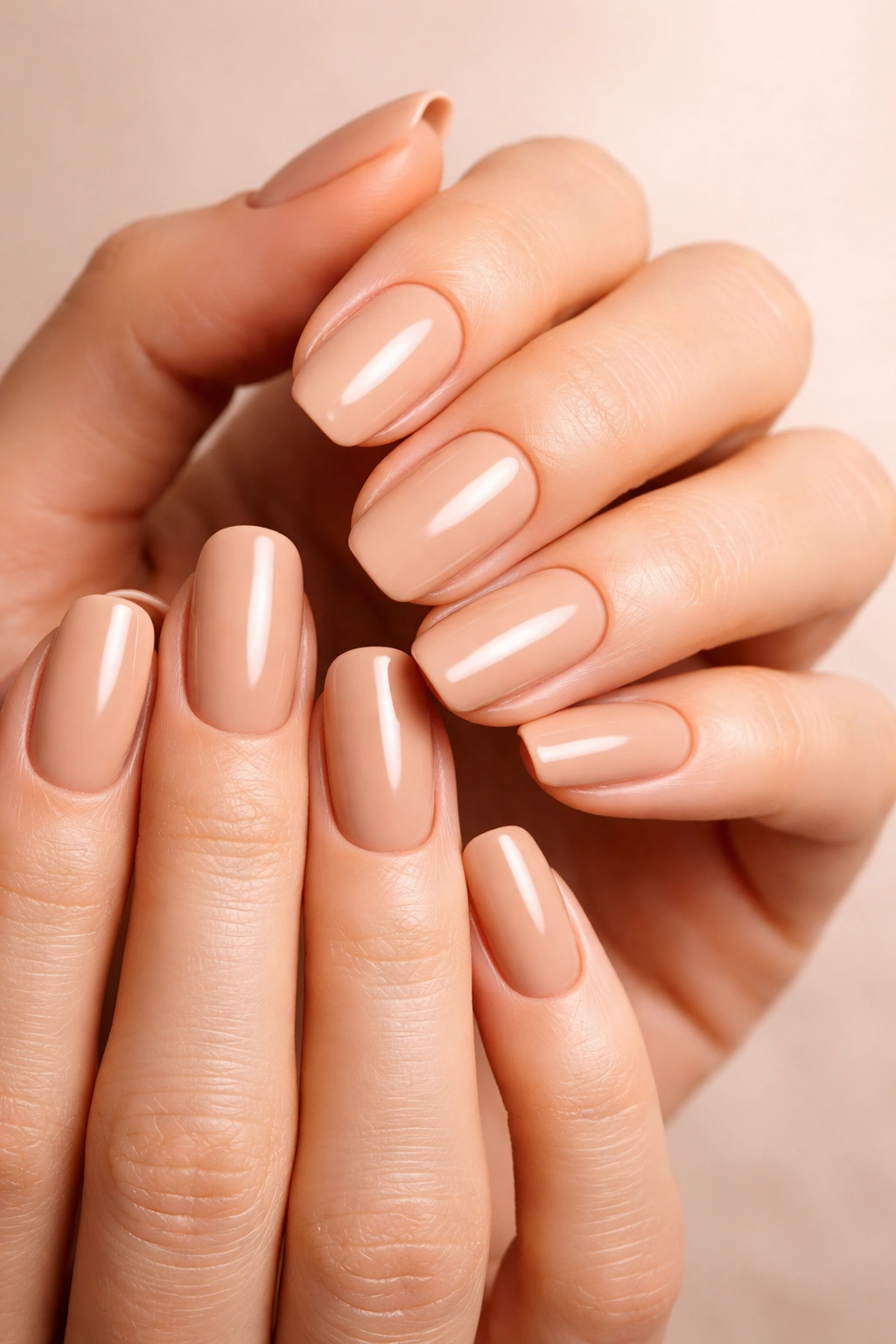 Close-up of hands wearing warm nude beige nails with peachy undertones