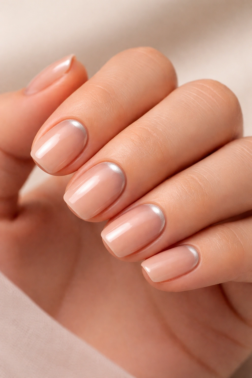 Close-up of warm nude squoval nails with a subtle chrome accent near the cuticle.