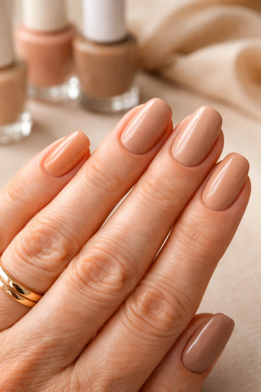 Close-up of hands with warm nude nail polish in peachy beige caramel tones