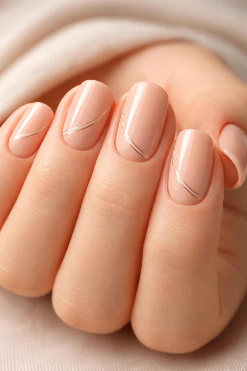 Close-up of warm nude short squoval nails with fine line details