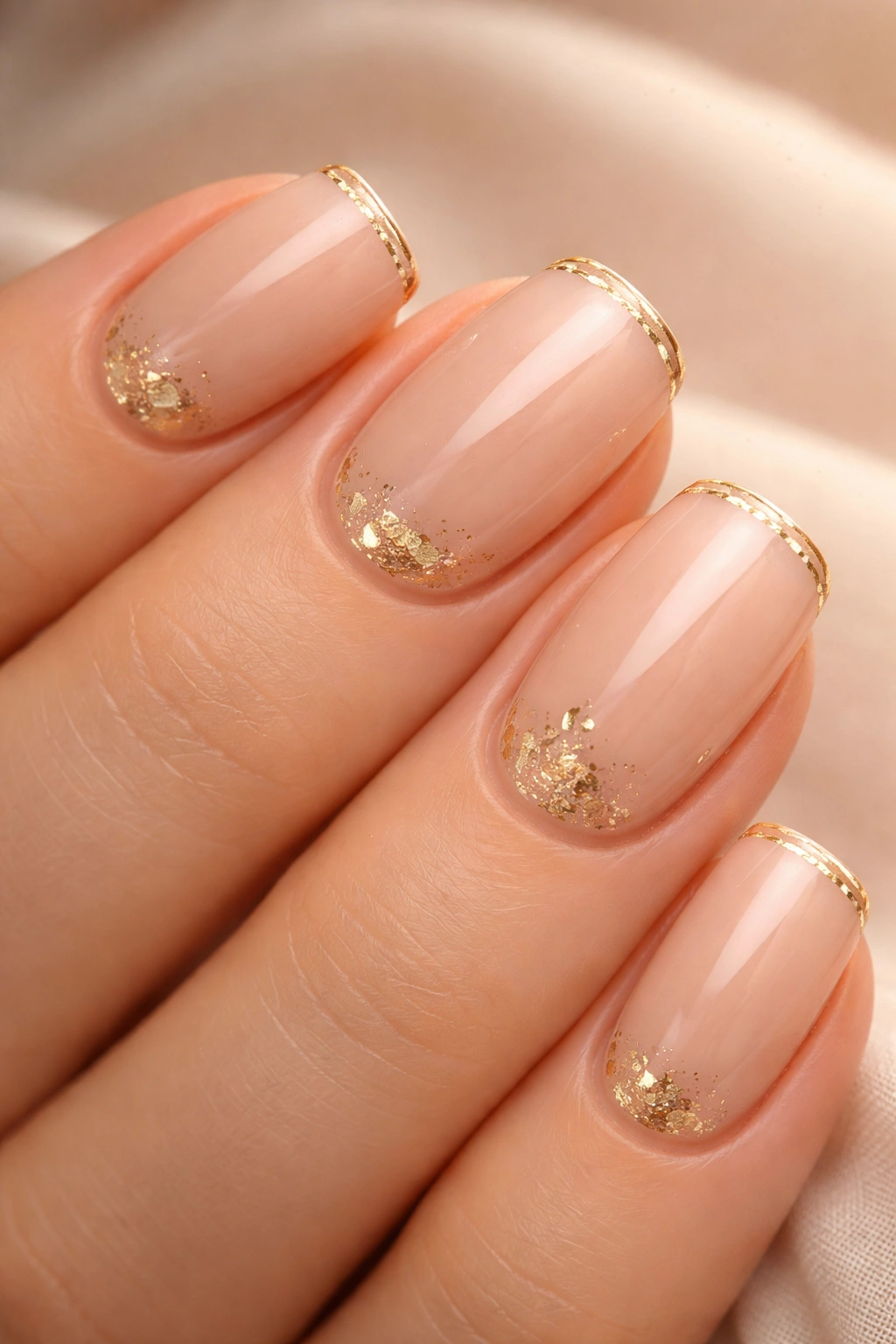 Close-up of short squoval nails with warm nude base and gold accents.