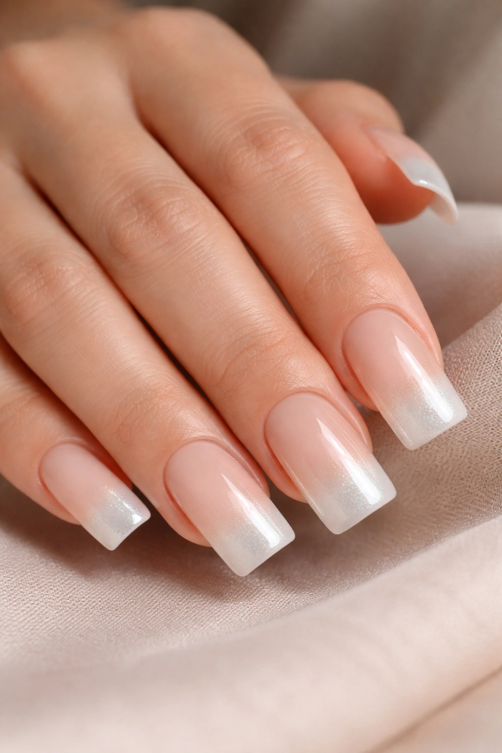 Medium duck nails with warm nude base and subtle pearl ombre at tips