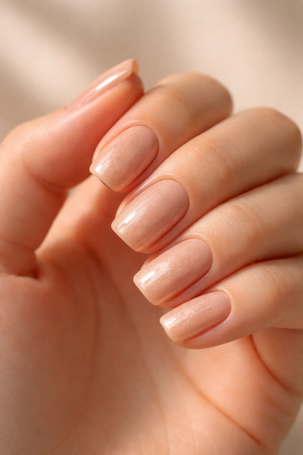 Close-up of warm nude nails with subtle shimmer