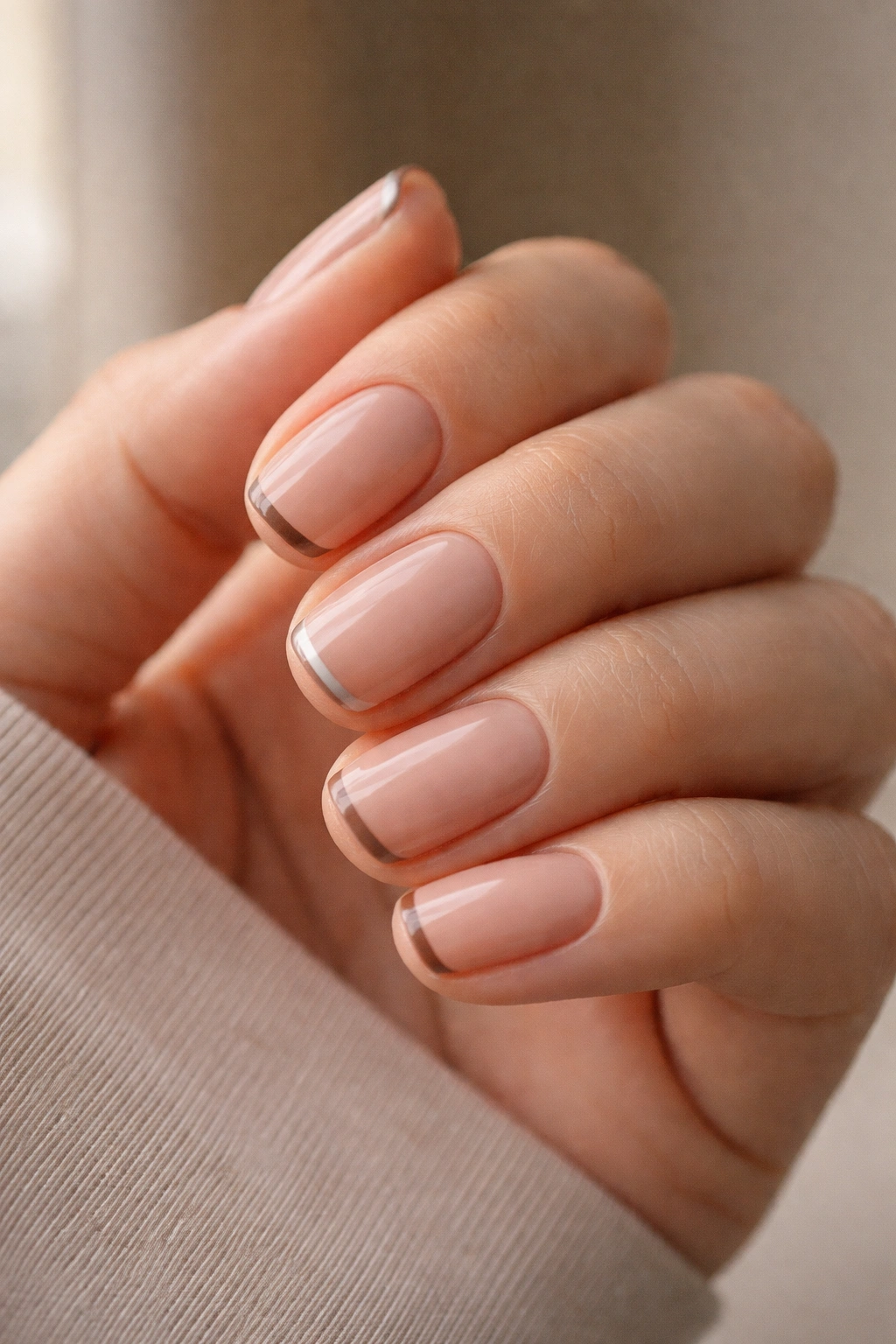 Close-up of warm nude nails with a thin colored tip line on each short squoval nail