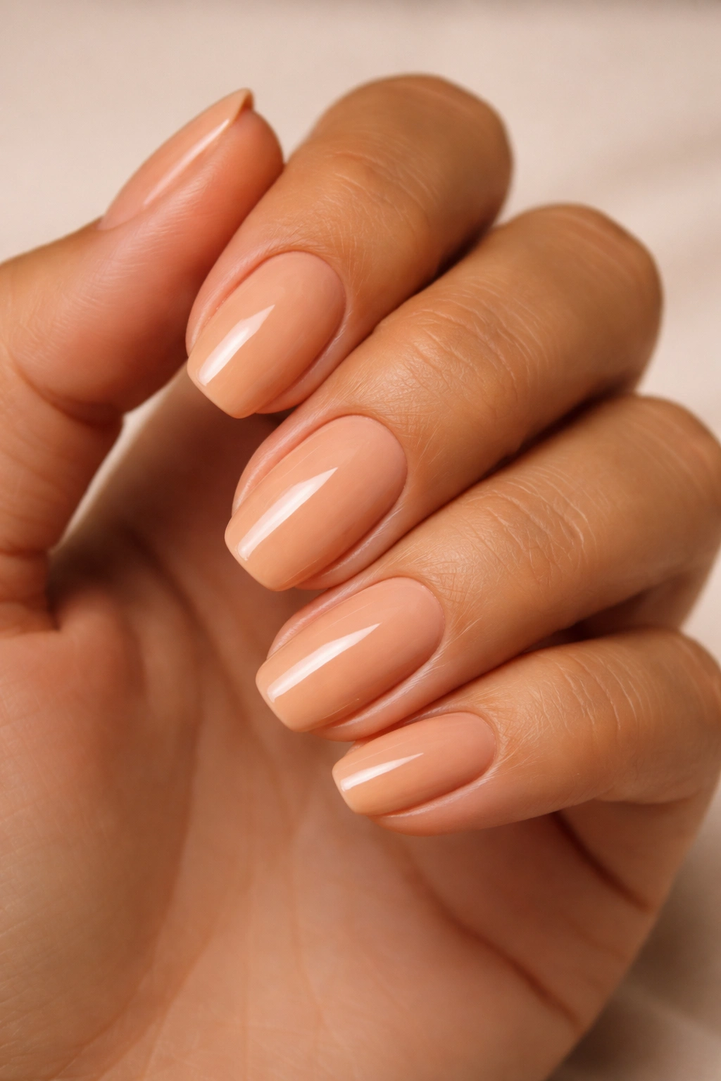 Close-up of an olive-skinned hand with warm nude nails and peachy-golden undertones.