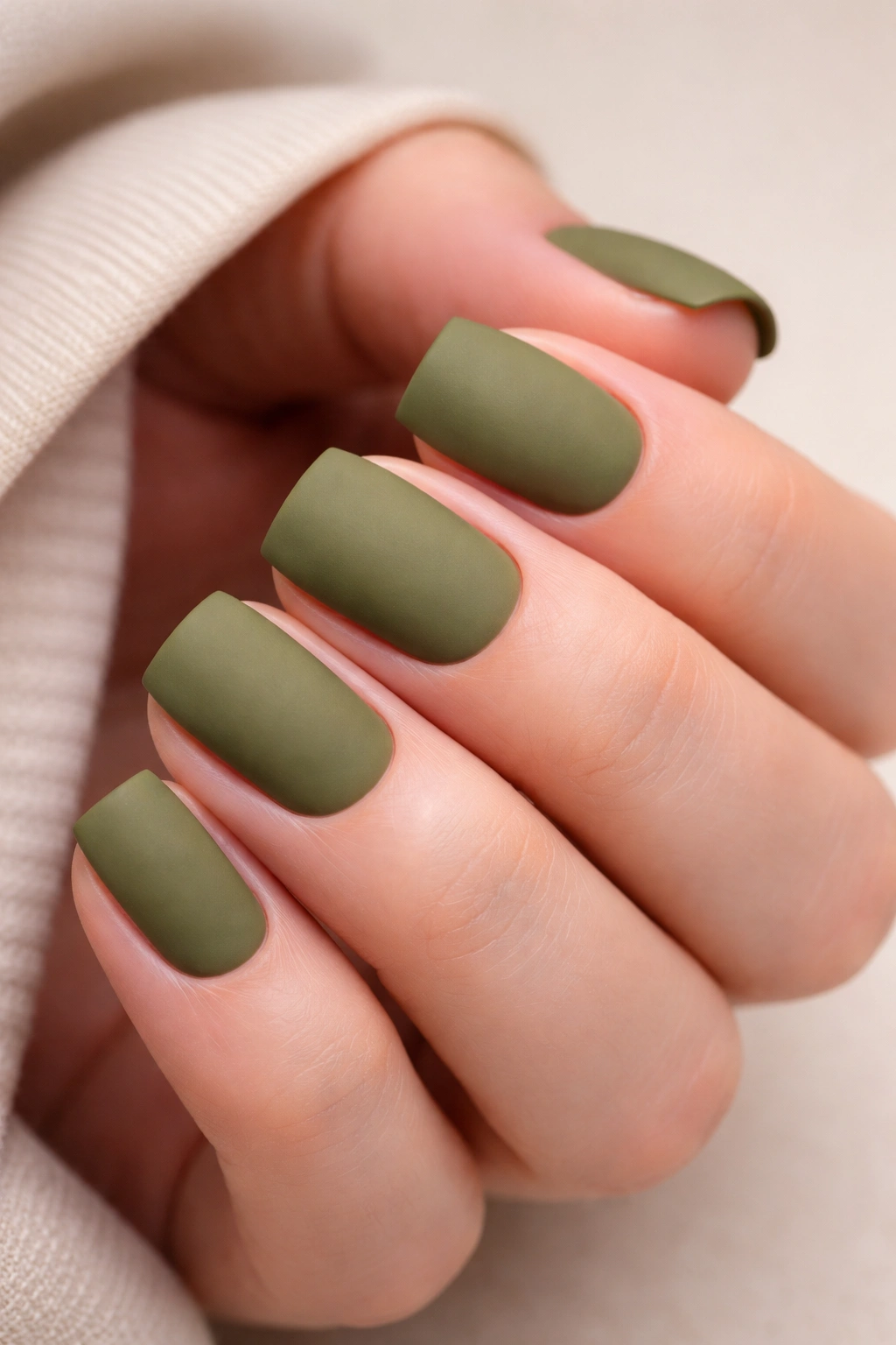 Close-up of short soft square nails in warm olive green with a matte finish