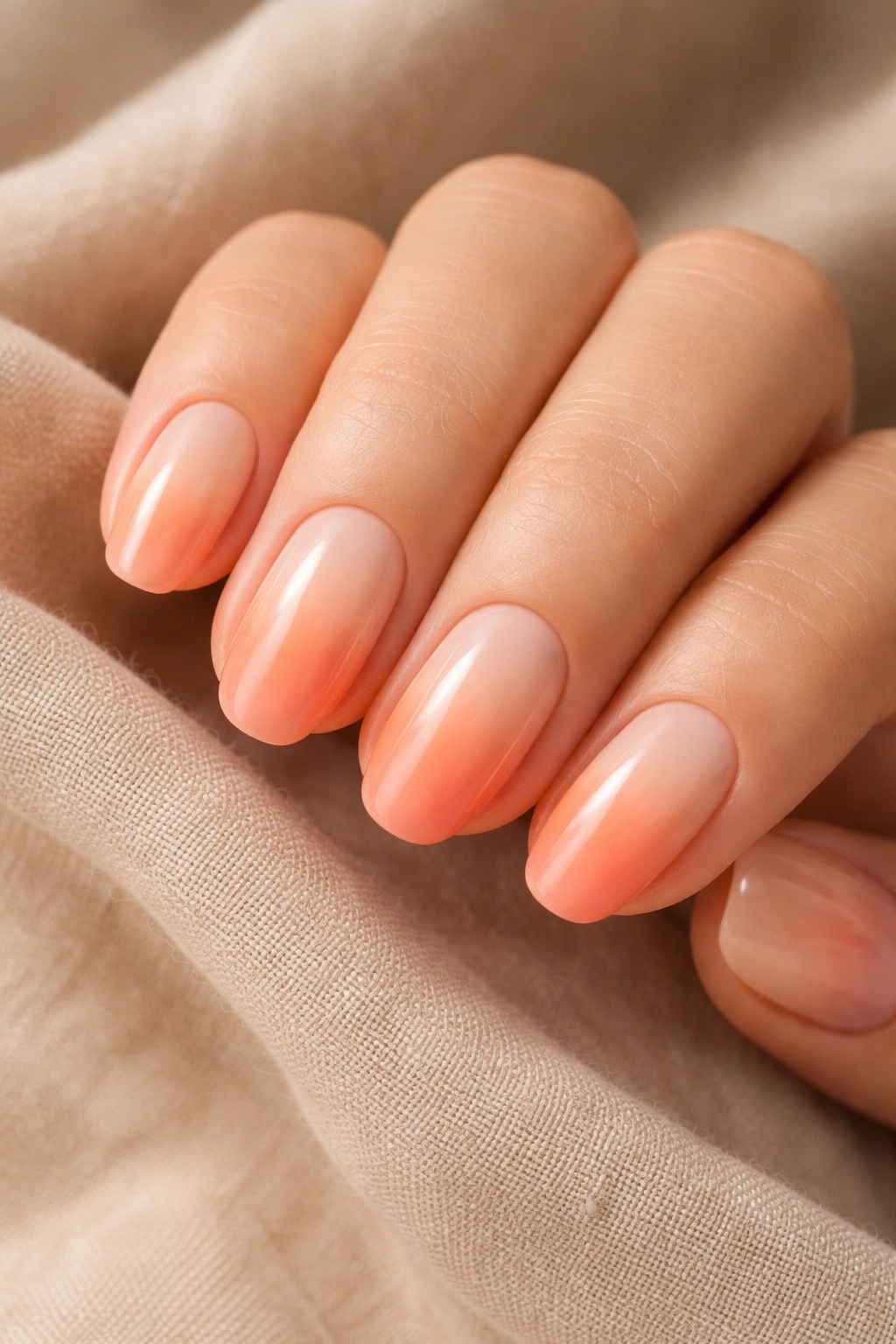 Warm-toned ombre nails from cream to coral in close-up