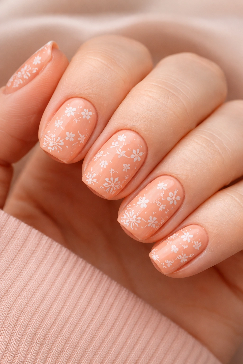 Close-up of short squoval nails in warm peach with floral stamping