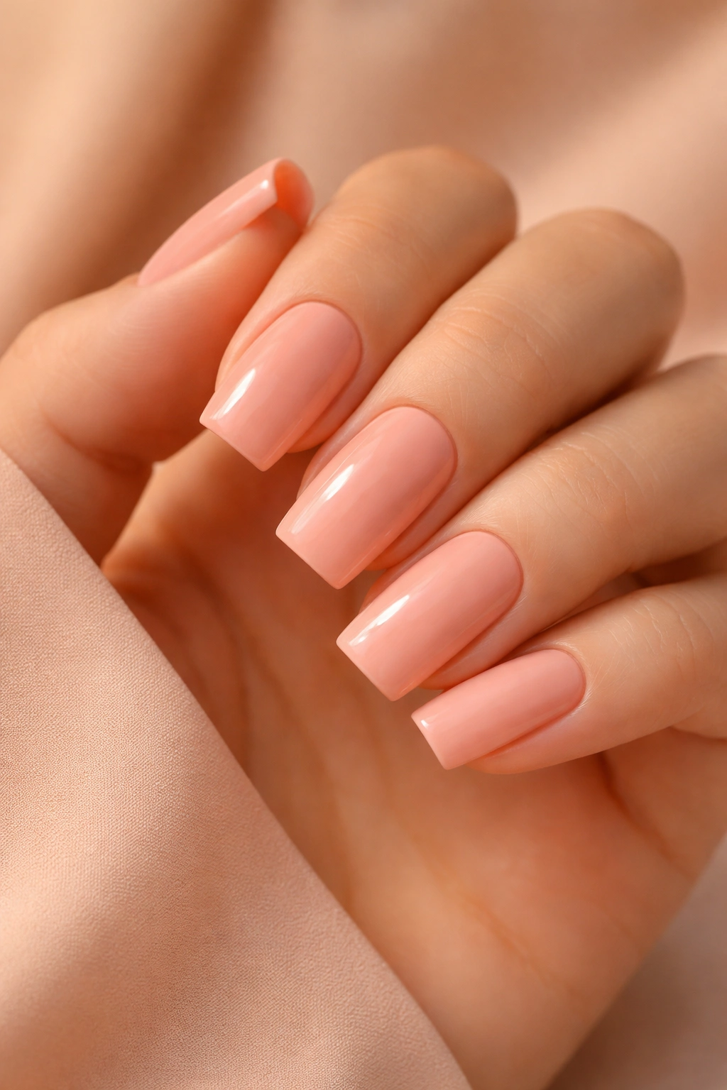 Close-up of warm peachy pink square nails with a glossy finish