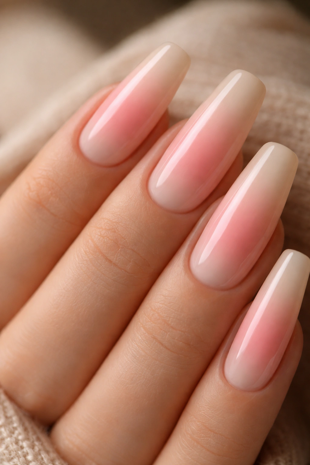 Close-up of warm pink aura nails on beige base with soft halo