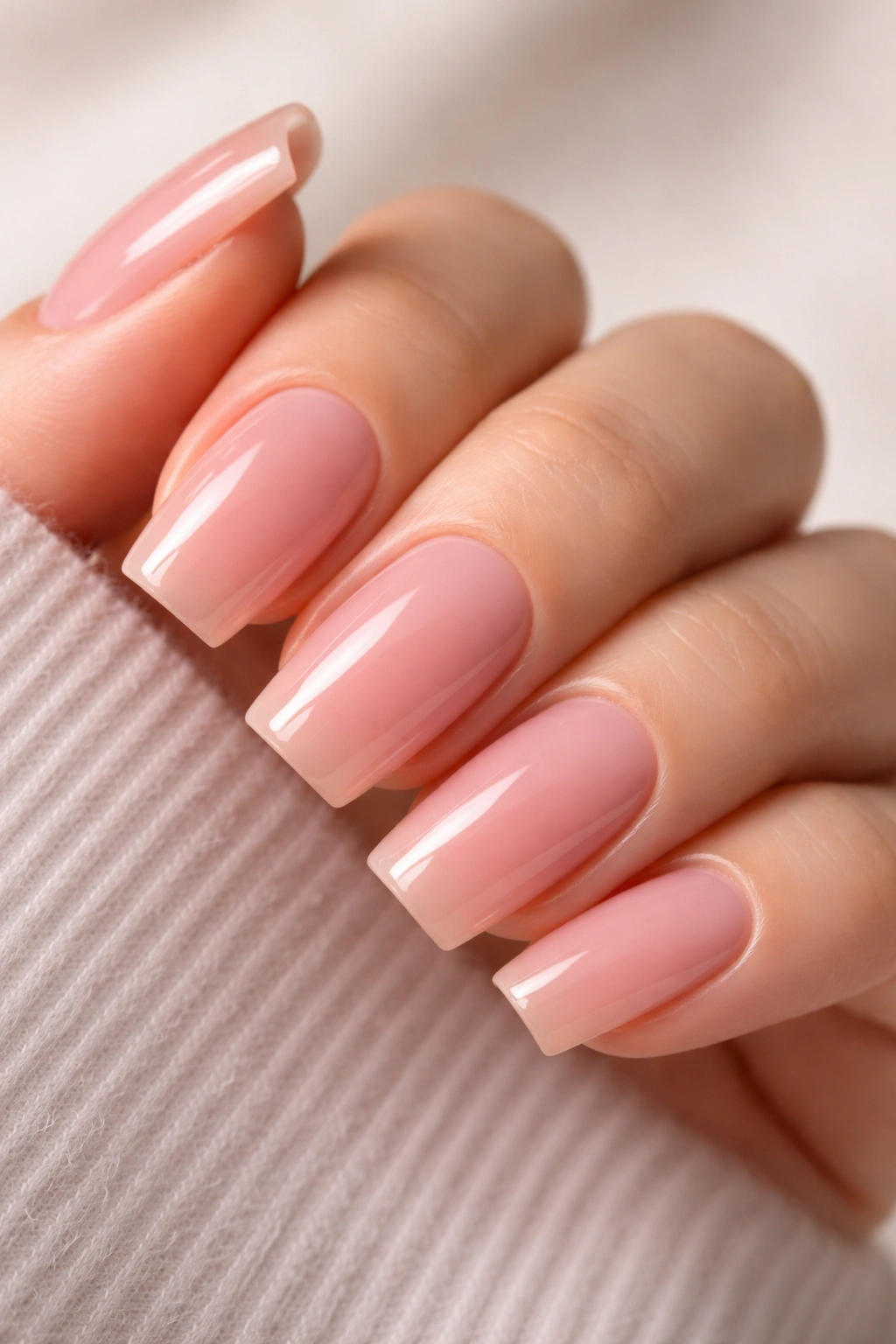 Close-up of warm pink soft square nails with glossy finish