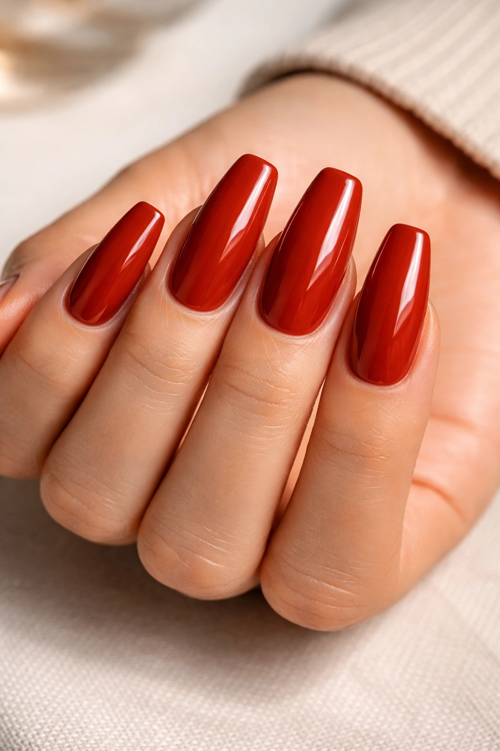 Close-up nails on hand with warm red coffin nails and glossy finish