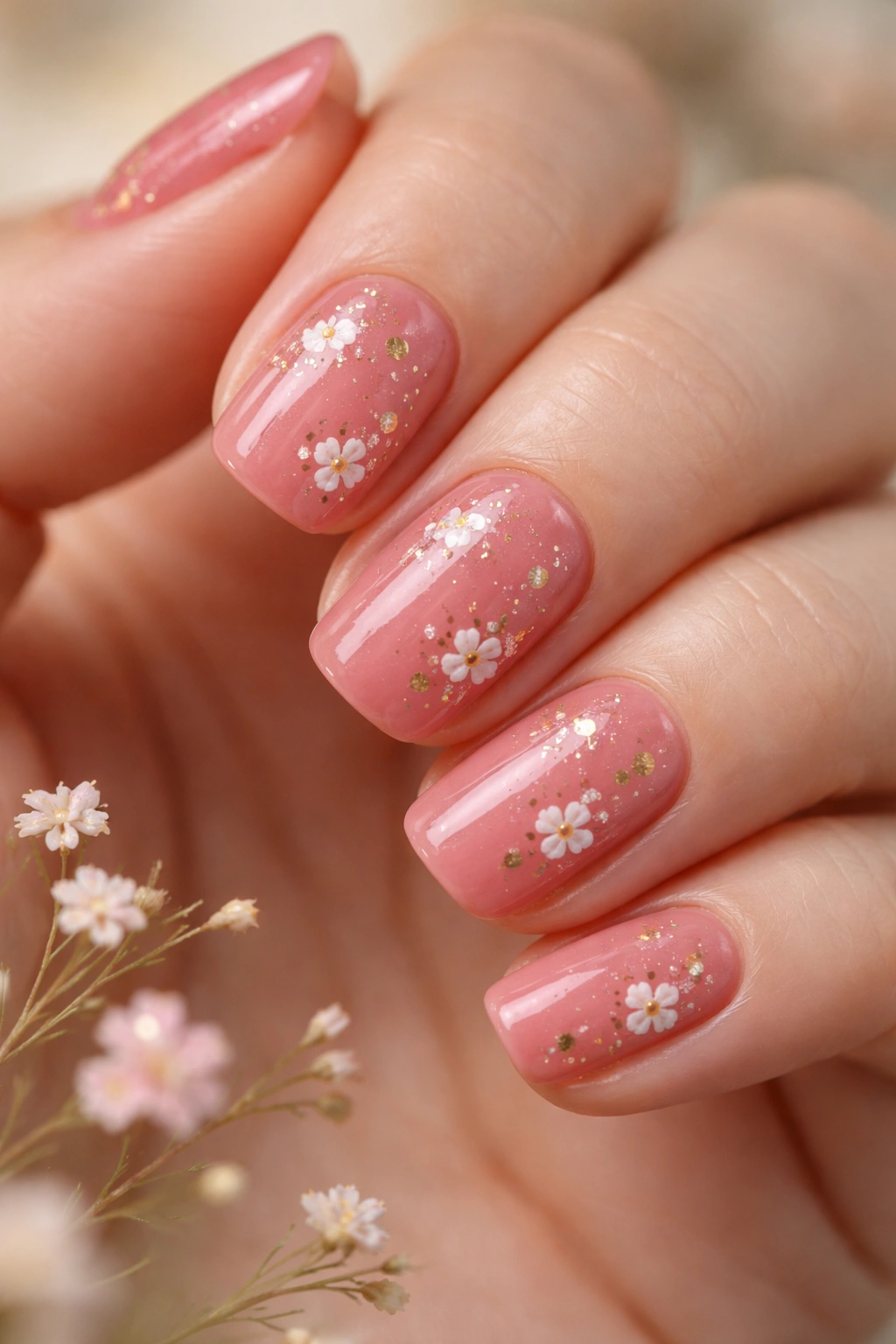 Close-up of warm rose squoval nails with micro floral accents