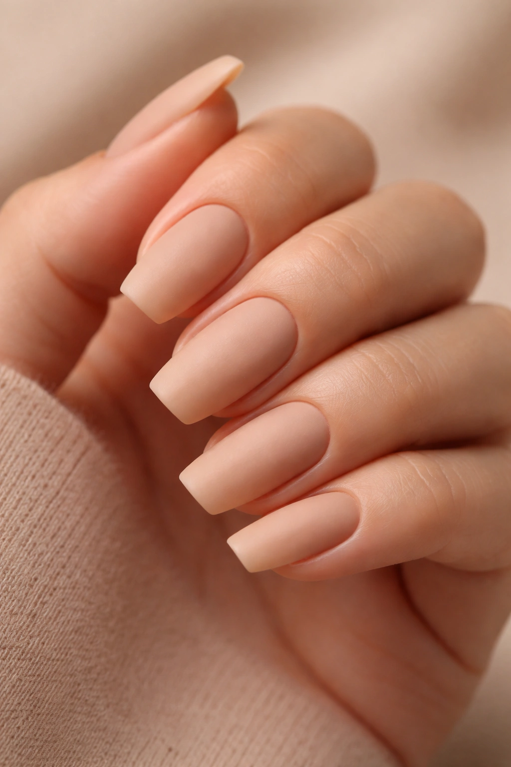 Close-up of a hand showing warm sand matte ballerina nails with a velvety finish.