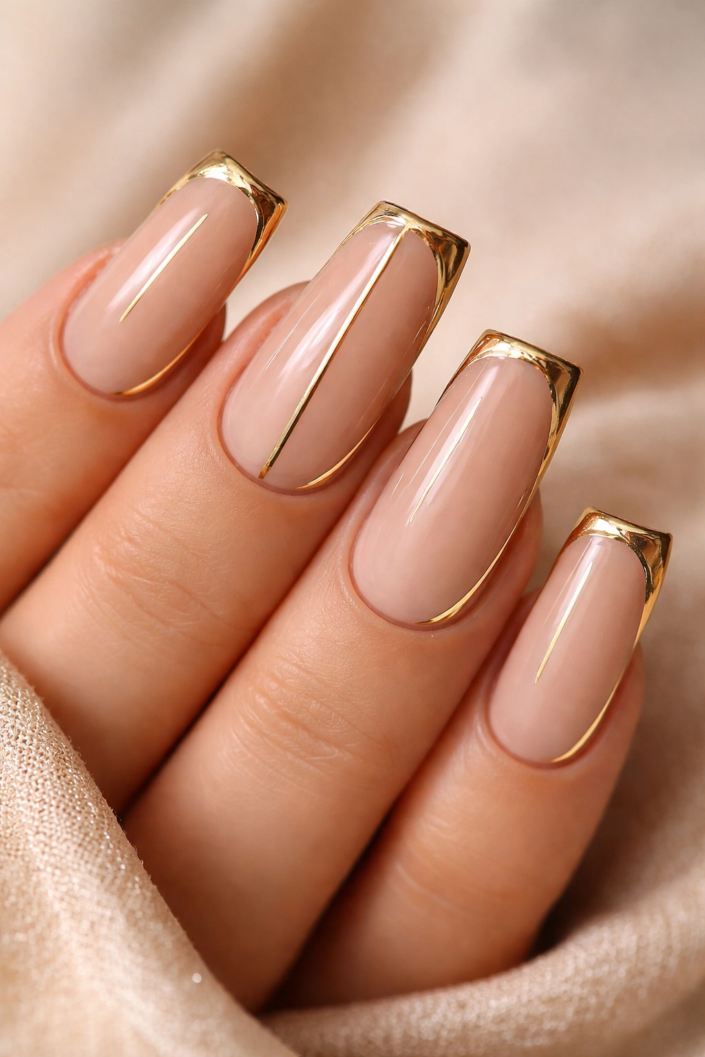Close-up of duck nails in warm sand shade with gold metallic accents on the curved edges
